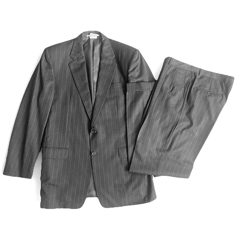 Vtg Hickey Freeman Loro Piana Wool Pinstripe Suit 42L Charcoal Gray Made in USA